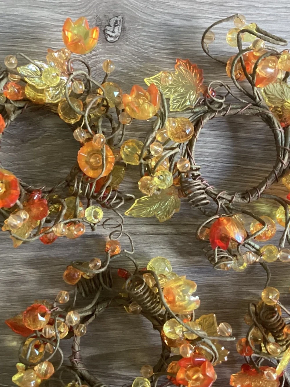5 Beaded Amber Lucite Fall Leafs Flowers Grapevine Cluster Napkin Candle Rings